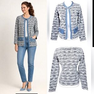 Sioni ANTHROPOLIGIE Knitted BLUE Denim pockets Long Sleeve Cardigan sz LARGE